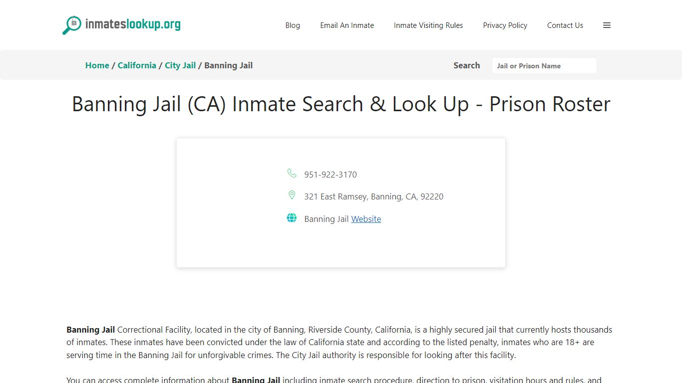 Banning Jail (CA) Inmate Search & Look Up - Prison Roster